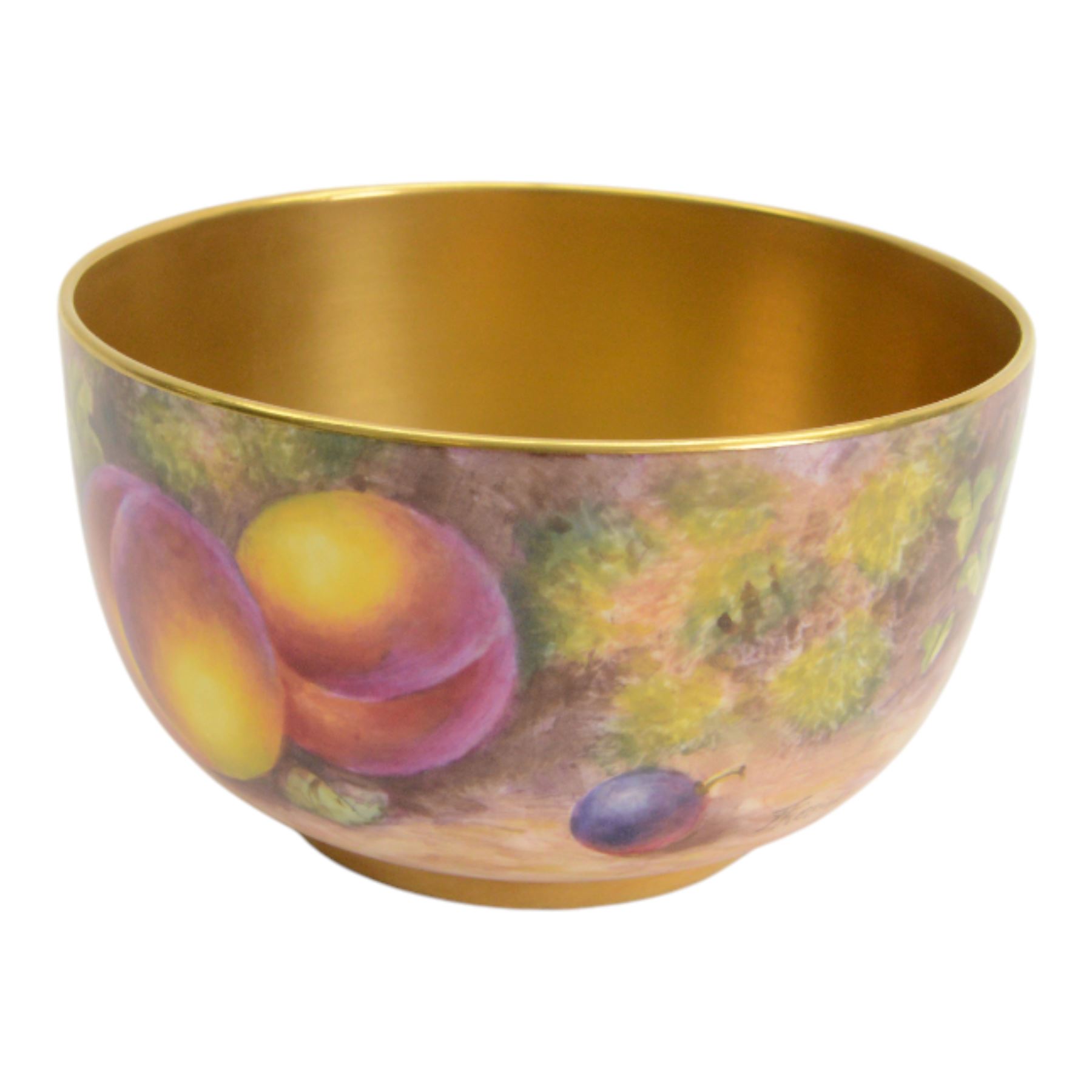 20th century Royal Worcester footed bowl, hand painted with gilt interior, the exterior a still life of fruit upon a mossy ground, signed Freeman, with black printed mark beneath, together with plate side plate and cabinet plate, bowl, H8cm, D13cm