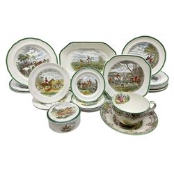 Collection of Copeland Spode hunting scenes dinner wares, after J. F. Herring, to include dinner plates, side plates, graduated serving platters, lidded box etc, together with Spode's Byron breakfast cup and saucer, all with printed marks beneath (29)