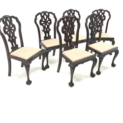 Set six 19th century classical mahogany dining chairs, carved and pierced cresting rail, upholstered seats, acanthus carved cabriole legs with ball and claw feet, W58cm