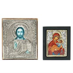 Ciarte - Copy of a silver mounted Byzantine icon of St George, 925 standard 15cm x 10cm, and three smaller silver icons (4)