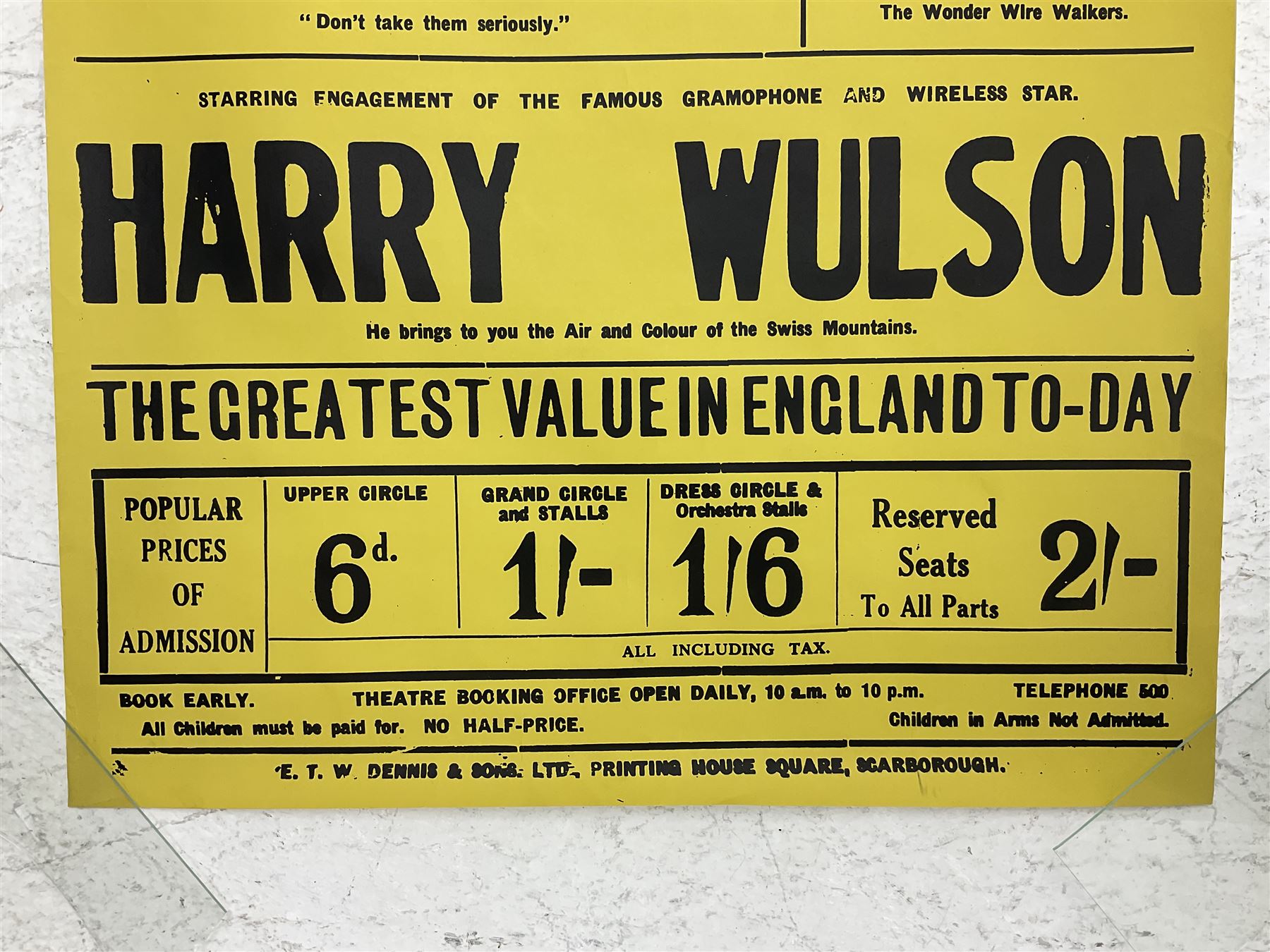 Grand Opera House Scarborough Poster November 4th 1935, black on a yellow ground, printed by E.T.W. Dennis & Sons Ltd, Printing House Square, Scarborough, unframed and rolled 125cm x 50cm