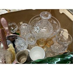 Royal Albert Poinsettia pattern part tea service, including tea cups, mugs, dessert plates, cake plate, together with James Kent plates, Crown Staffordshire Vermouth ceramic decanter label, glassware etc, two boxes 