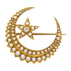 Victorian gold split pearl and old cut diamond star and crescent moon brooch