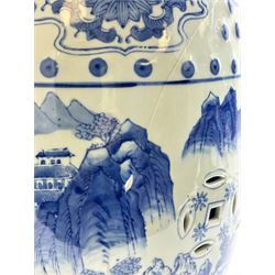 Pair of Chinese blue and white garden stools, decorated with pagodas a landscape, H40cm 