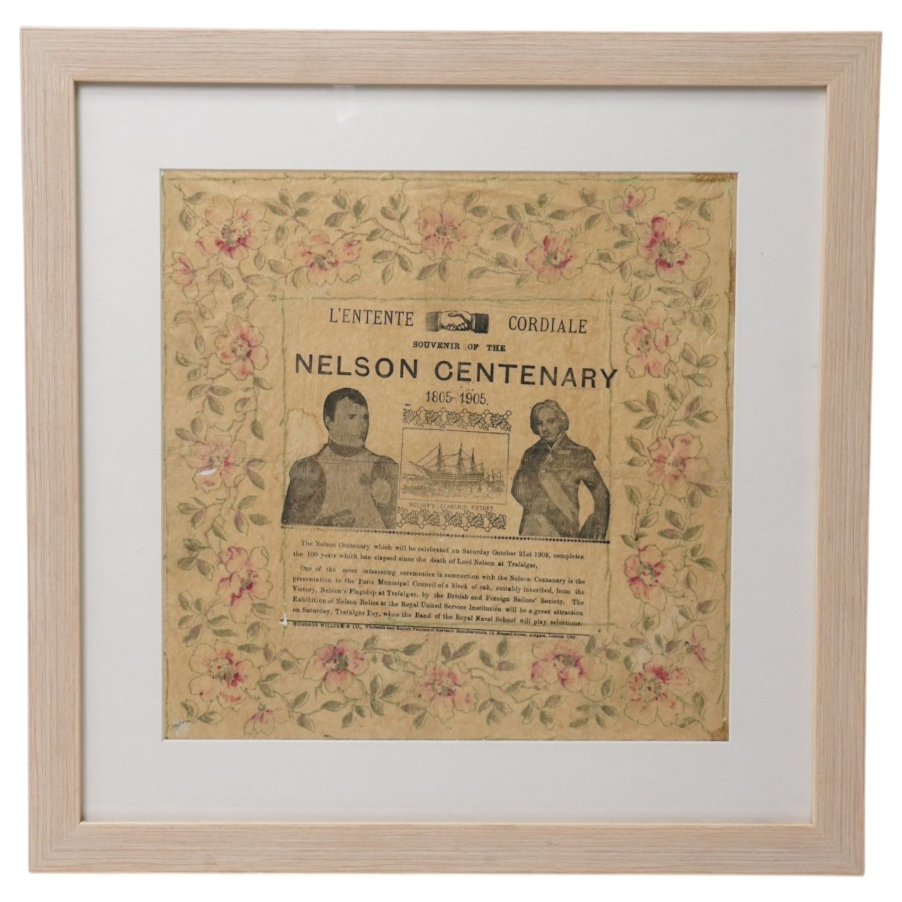 A mounted printed paper handkerchief or napkin Nelson Centenary Souvenir of Nelsons flagship Victory, 33cm x 33cm 