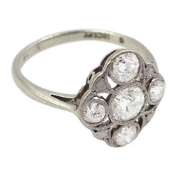 Art Deco 18ct gold and platinum five stone milgrain set old cut diamond openwork ring, stamped 18ct Pt, principal diamond approx 0.40 carat, total diamond weight approx 1.00 carat