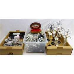  Large quantity of costume jewellery, tiaras, watches including Sekonda and jewellery stands in the shape of manikins, in three boxes  