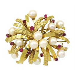 Gold pearl and ruby textured and polished ribbon design brooch, stamped 14K