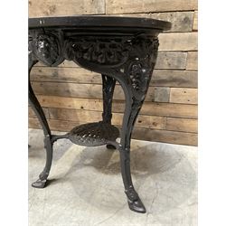 19th century cast iron Coalbrookdale design table with circular top (D66cm, H74cm) and a cast iron pedestal table with square top (W69cm, D70cm, H72cm)