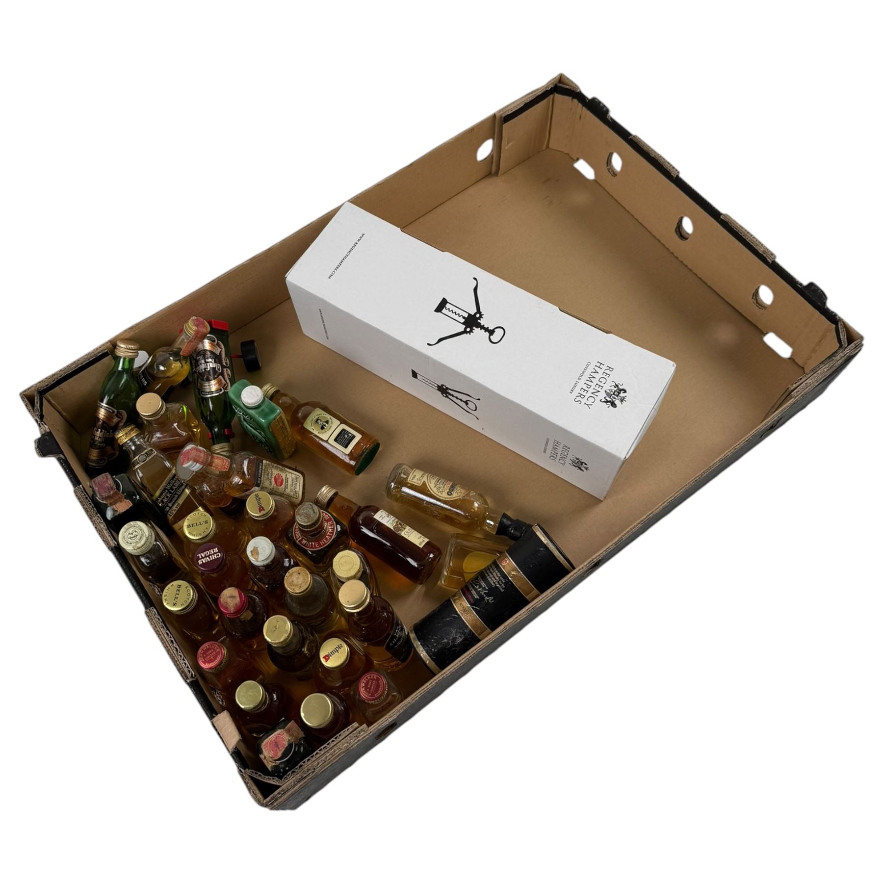 Collection of miniature whisky, including Glendronach 12 year old highland scotch whisky, Knockando 1975 pure scotch whisky, Isle of Jura pure malt scotch whisky etc, together with a bottle of Dow's Ruby Port, verious contents and proof  