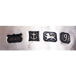 Pair of modern Guild of Hull Silversmiths silver goblets, the bowls each of tapering cylindrical form, with spot hammered finish, upon a tapering foot, etched with abstract lines, hallmarked J & KR, Birmingham 1983, also marked with the three crowns mark of the Guild of Hull Silversmiths, H11.6cm
Notes: Abraham Barachin was the last Hull silversmith to use the Hull mark of three ducal coronets in around 1706. However in 1983 the Assay Offices of Great Britain and the City of Kingston upon Hull granted the Guild of Hull Silversmiths permission to use the City's Coat of Arms as an additional mark on pieces they produced