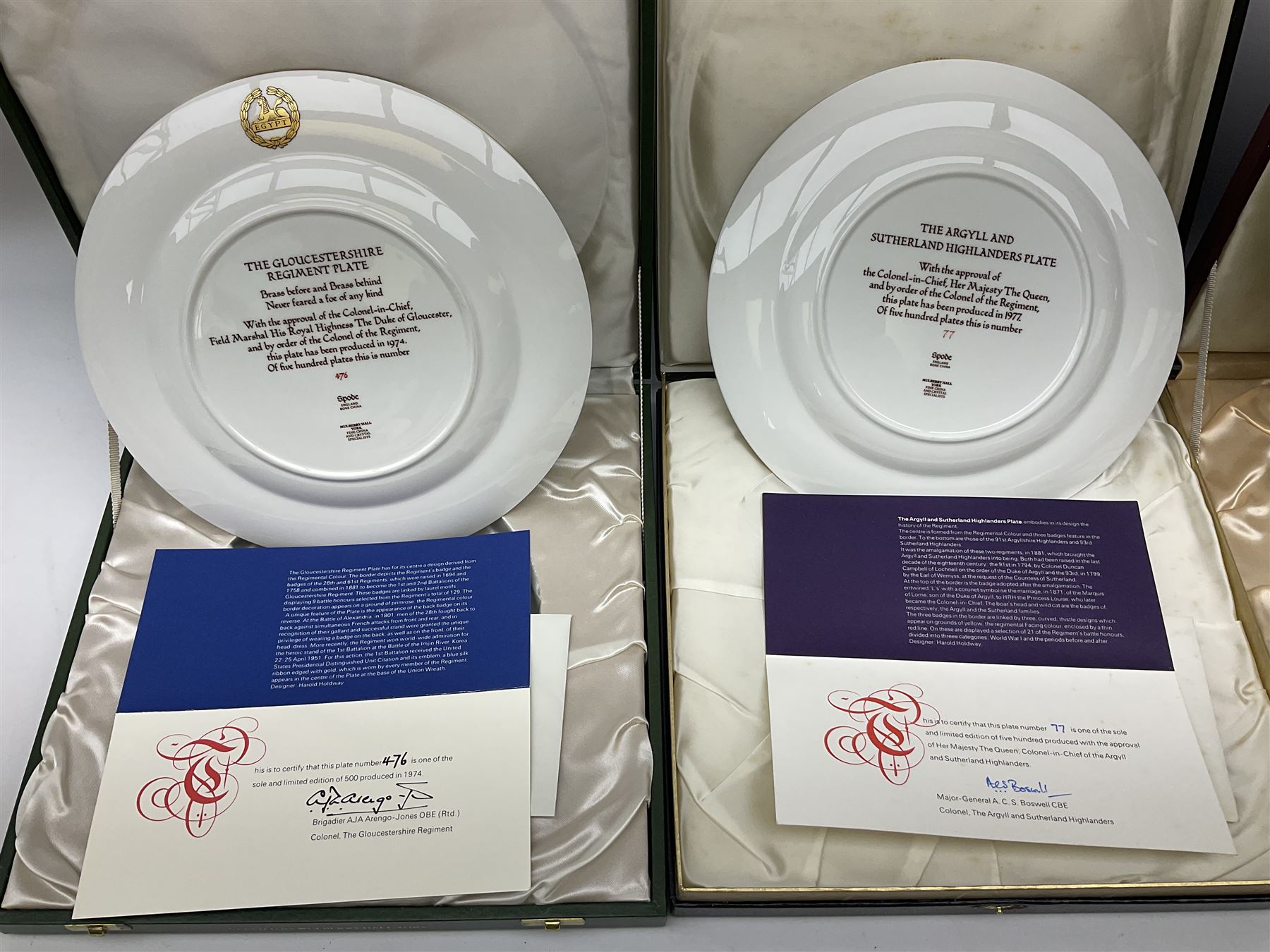 Seven limited edition Spode Military collector's plates comprising The Argyll & Sutherland Highlanders, The Gordon Highlanders, The Royal Hampshire Regiment, The Royal Welch Fusilliers, The Cheshire Regiment, The Gloucestershire Regiment and The United States Marines, all boxed and with certificate  (7)
