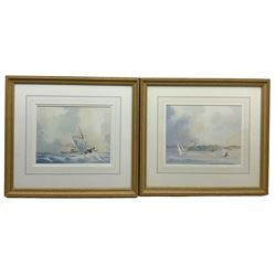 Alan Stark (British 20th century): Penzance Sailing Ship at Full Sail and Container Ship off Shore, pair watercolours signed 23cm x 29cm (2)