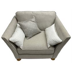 Oak Furnitureland - three-piece lounge suite upholstered in grey fabric, large three-seat sofa (W238cm, D106cm), two-seat sofa (W209cm), and snuggler sofa (W129cm)