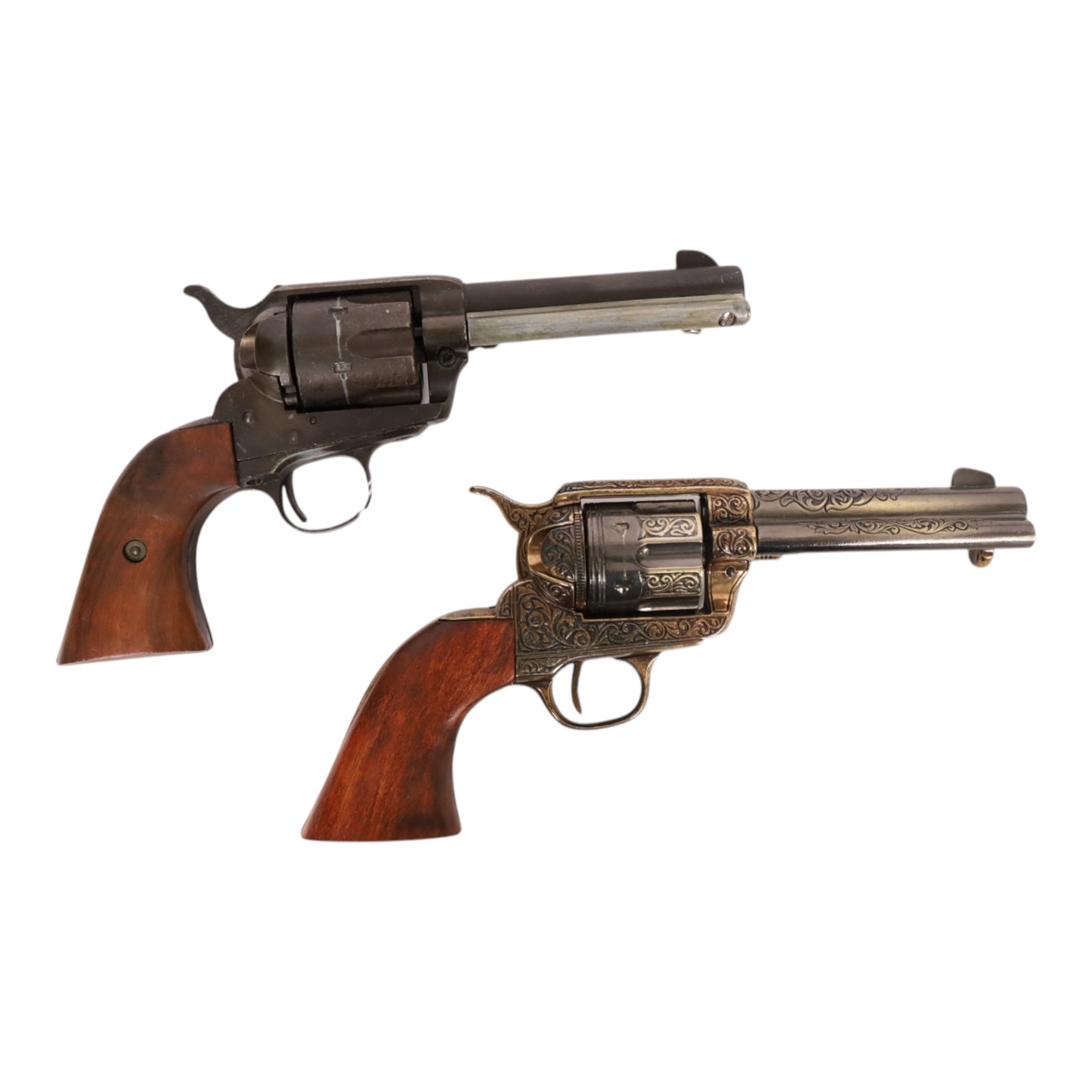 Two replica colts, each with a leather holster 