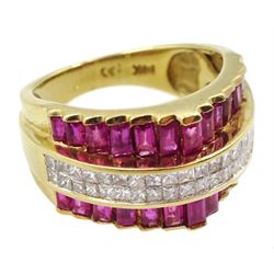 14ct gold four row calibre ruby and princess cut diamond ring, stamped