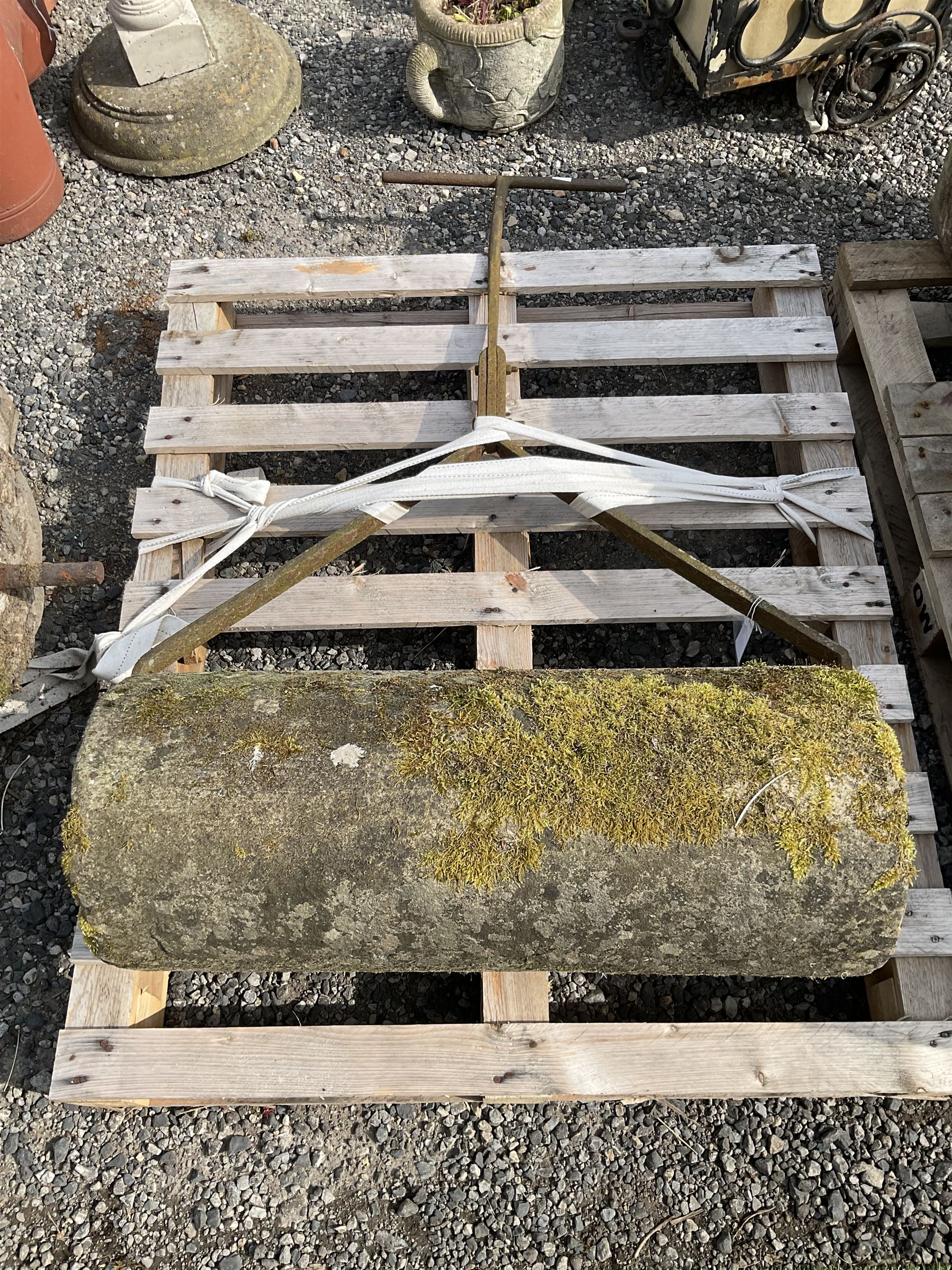 19th century stone garden roller with metal frame and handle - THIS LOT IS TO BE COLLECTED BY APPOINTMENT FROM DUGGLEBY STORAGE, GREAT HILL, EASTFIELD, SCARBOROUGH, YO11 3TX