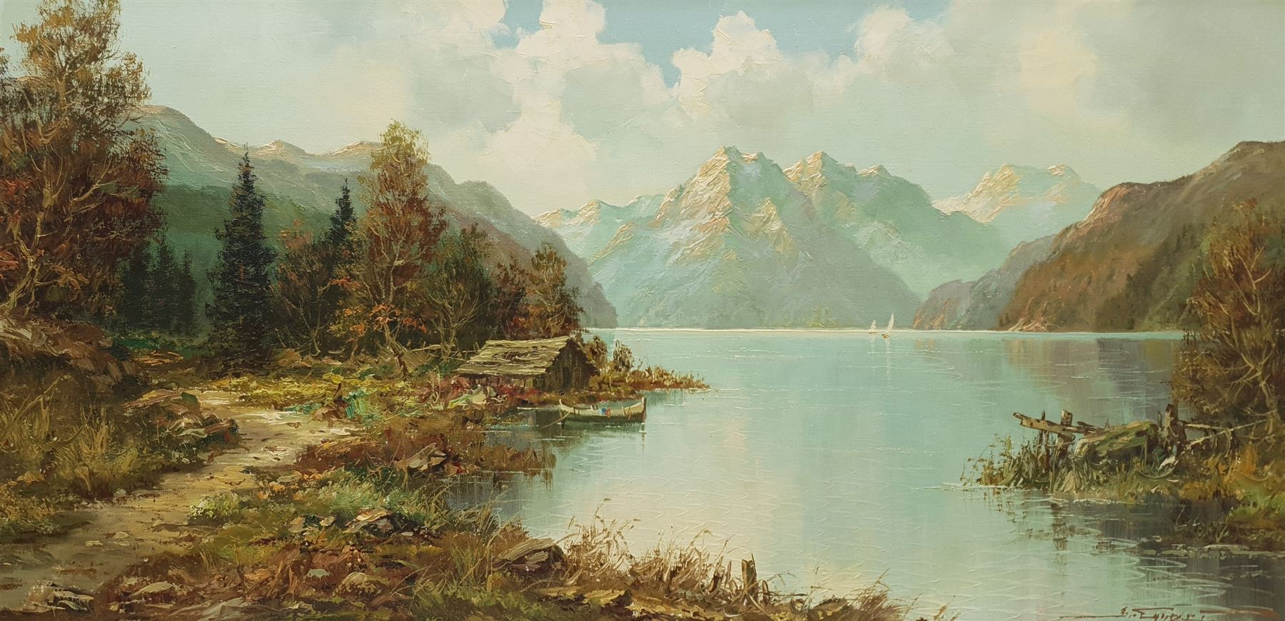 Continental School (20th century): Fjord Landscape with Fishing Hut, oil on canvas signed indistinctly 49cm x 100cm