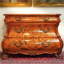 Colombo Mobili - Italian walnut and floral marquetry bombé commode chest, rectangular top...