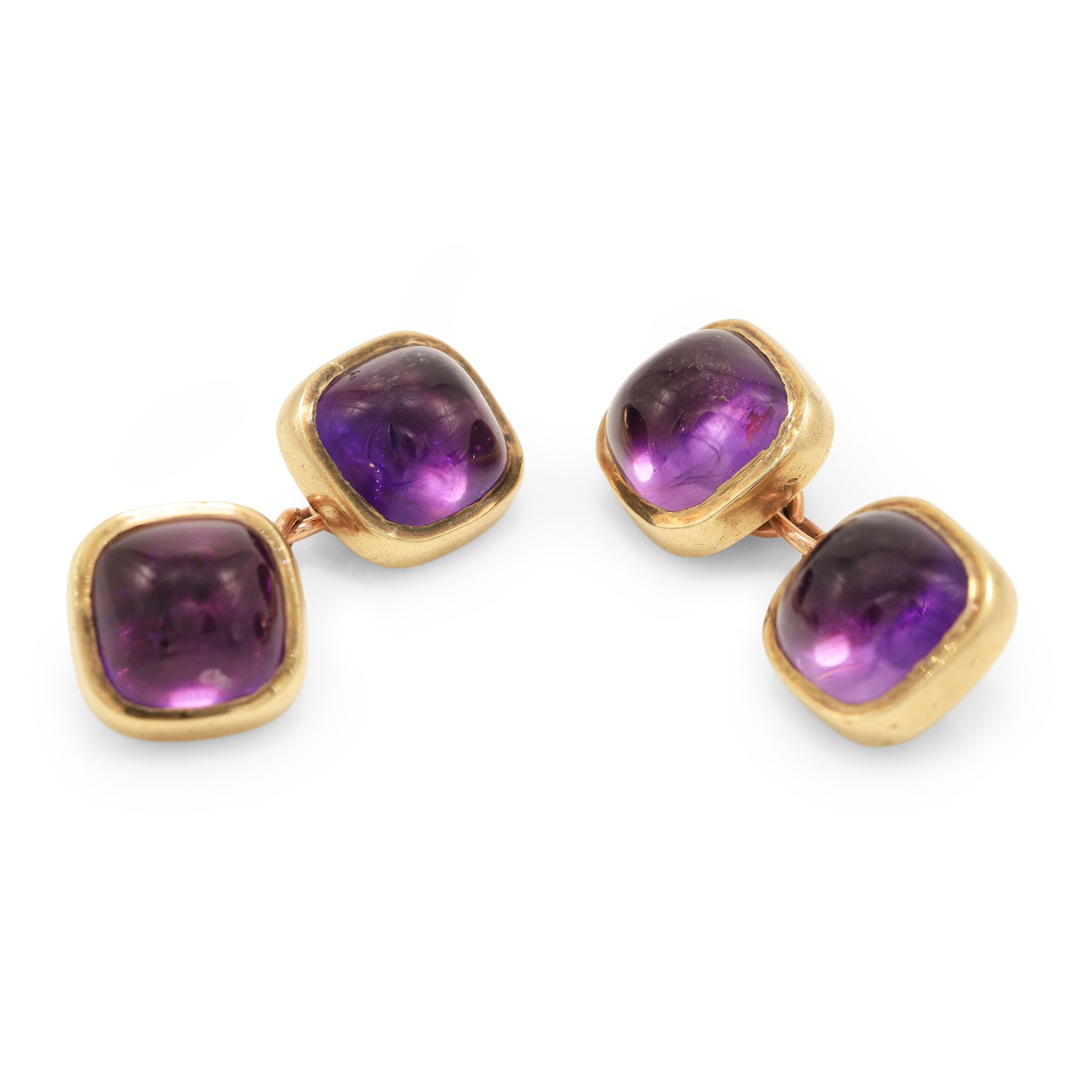 Pair of 9ct gold amethyst cufflinks, each head set with a square cabochon cut amethyst, London 1966