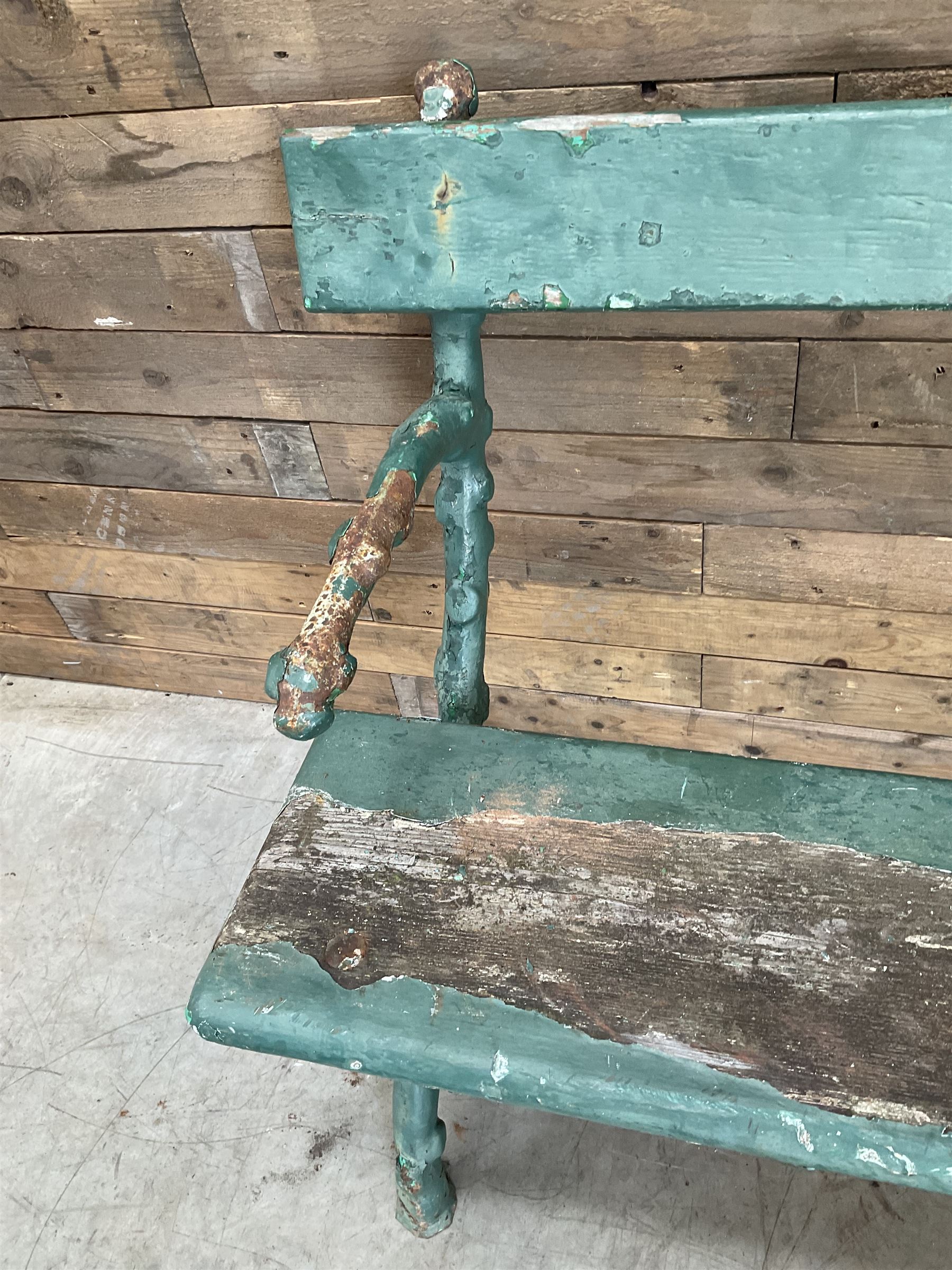 Early 20th century cast iron framed faux bois garden bench, timber seat and back rest