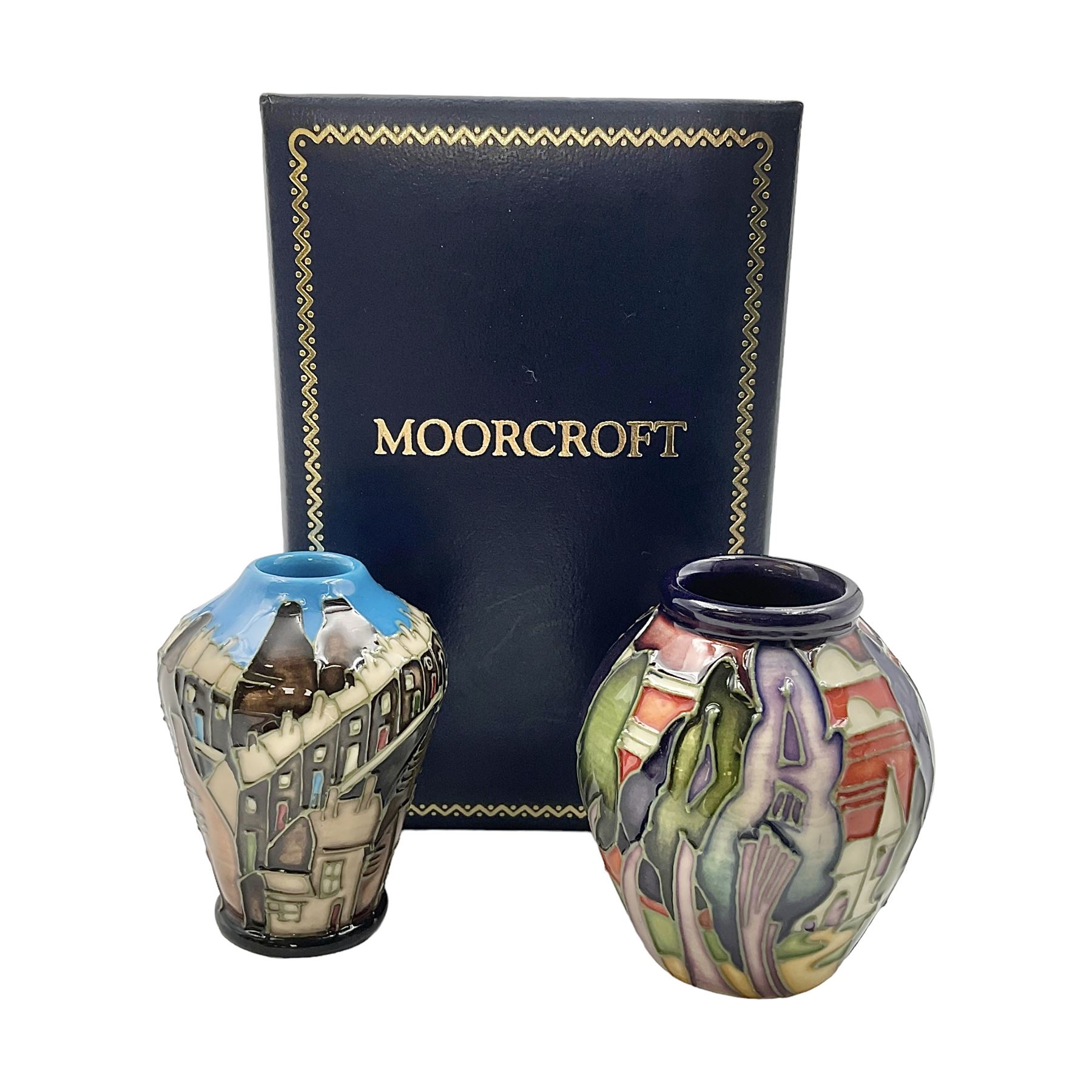 Two miniature Moorcroft vases, one decorated in the Lodge Hill pattern, circa 2007, H6cm,  and the other decorated in Made in Burslem circa 2011, H6cm  