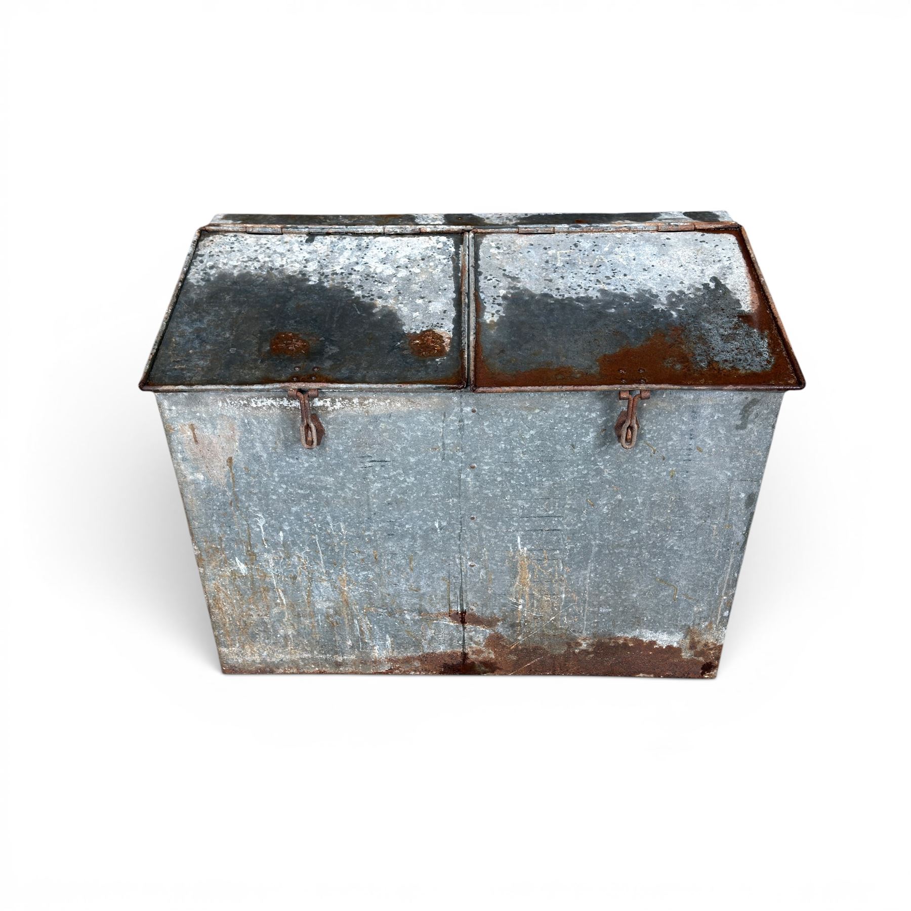 Early 20th century galvanised two division feed bin, sloped top