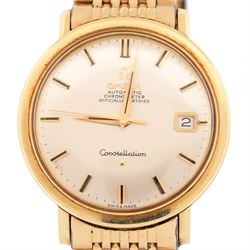 Omega Constellation gentleman's gold-plated and stainless steel automatic chronometer wristwatch, Ref. 168.004, Cal. 561, champagne dial with baton hour markers and date aperture, on Omega gold-plated bracelet, with fold-over clasp 