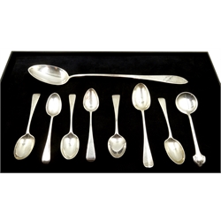  Arts and Crafts silver spoon by Joseph Rodgers & Sons Sheffield 1909, American silver table spoon by Old Newbury Crafters stamped Stirling ONC and seven George III and later silver teaspoons hallmarked approx 8.8oz  