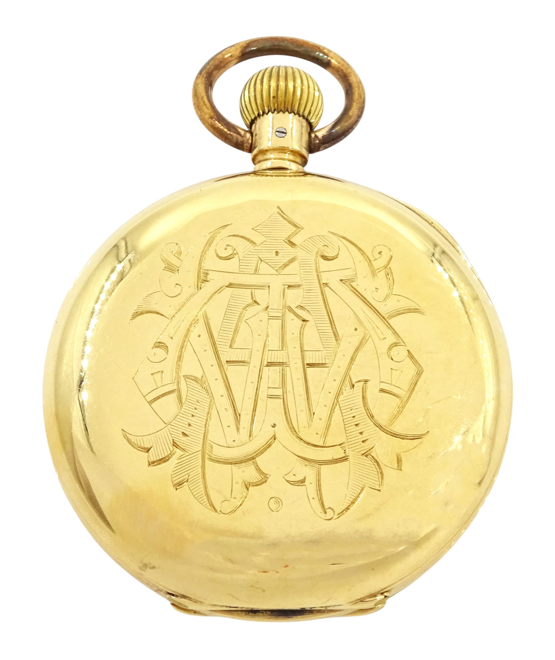 19th / early 20th century 18ct gold half hunter keyless lever pocket watch, white enamel dial with Roman numeral hour markers and subsidiary seconds dial, back case with monogramed initials, stamped 18K with Helvetia hallmark