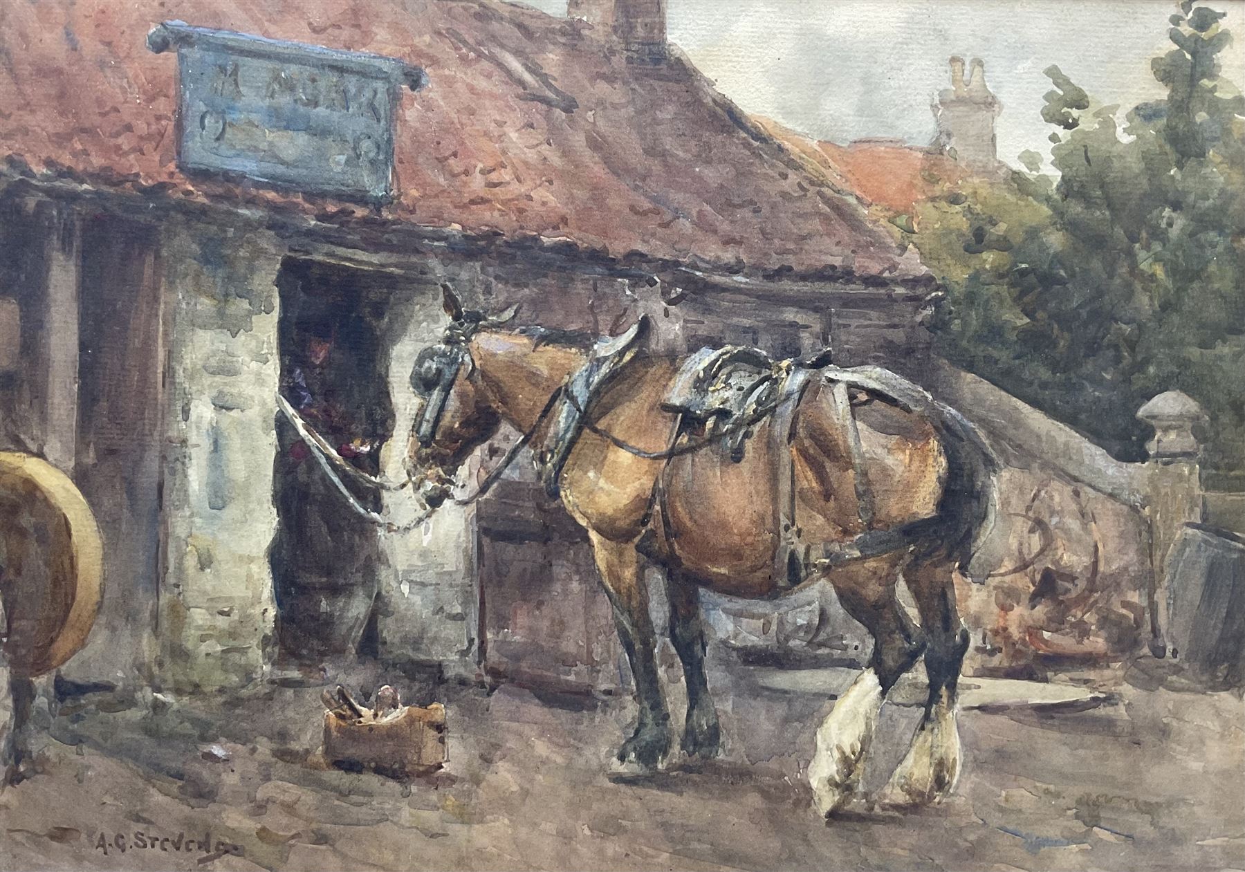 Albert George Stevens (Staithes Group 1863-1925): 'The Smithy' - Hinderwell, watercolour signed 
Provenance: probably exh. Royal Academy 1912, Cat. No. 987. The picture depicts Robert Agar's blacksmith's shop at Hinderwell, now demolished.