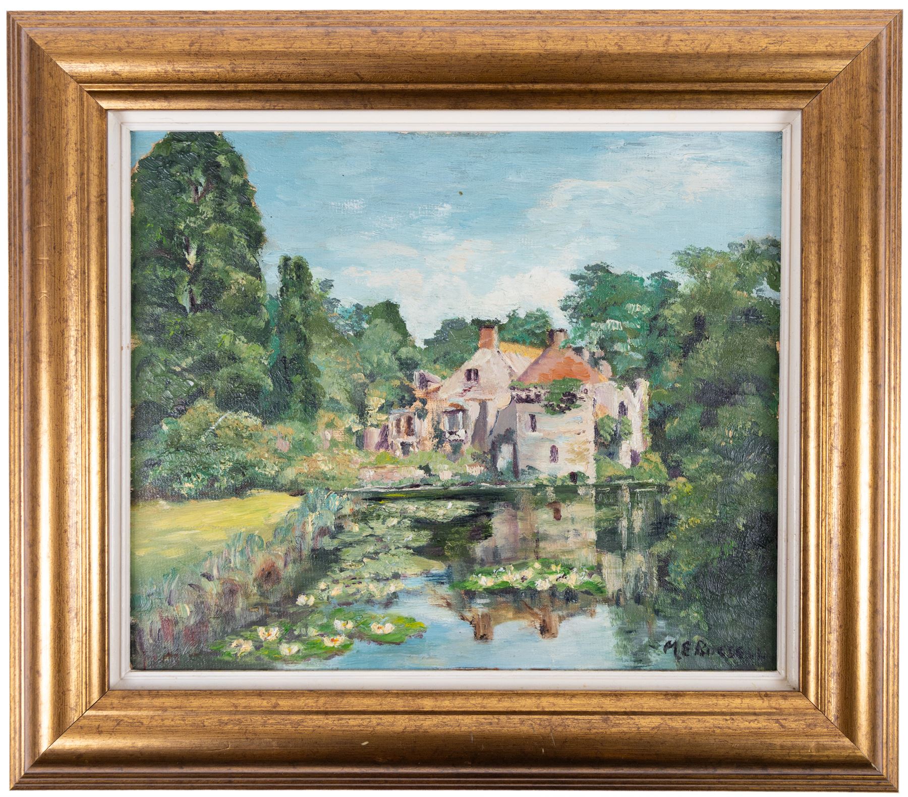 M E Russell (British 20th Century): Mill Pond, oil on board signed 25cm x 30cm 