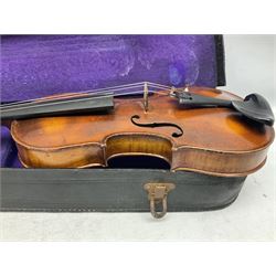 German trade violin c1900 the 36cm two-piece maple back impressed 'Stainer', maple ribs and spruce top, bears label 'Jacobis Stainer in Absam prope Oenipontum 17**' L59cm; in carrying case marked 'The Improved Dome' with bow