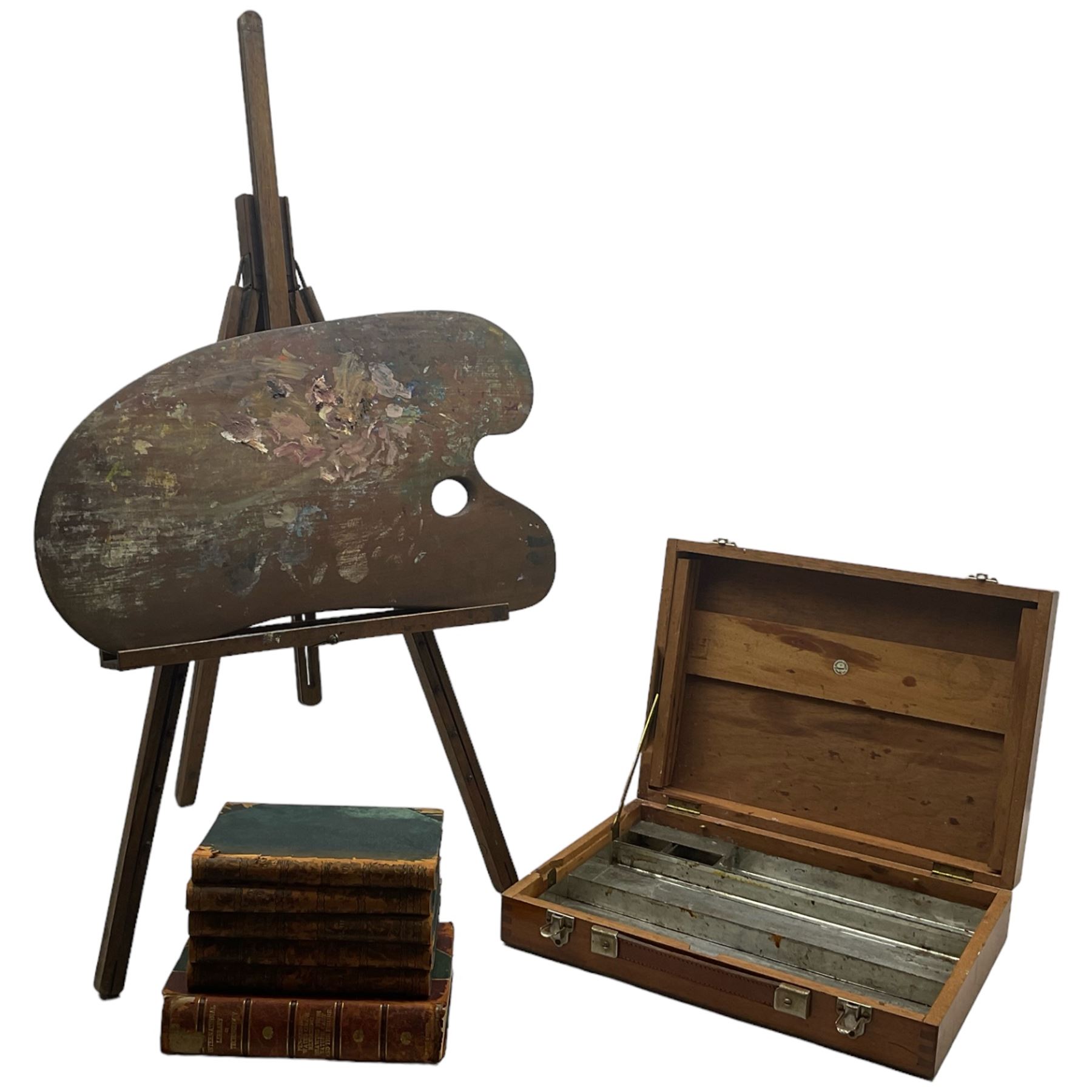 John Harold Wood (British ?-c1965): The artist's easel, palette, paint box, and six books on painting (9) 
Provenance: by direct descent through the artist's family. Wood had a cottage in Robin Hood's Bay, and his sister married Staithes Group artist Percy Morton Teasdale (1870-1961).