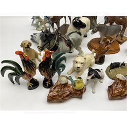 Beswick pigeon no 1383 and a collection of other ceramic animal figures including Campsie Ware lustre budgies, Kowa red fox and Labrador, two shire ponies, two sheep, etc 