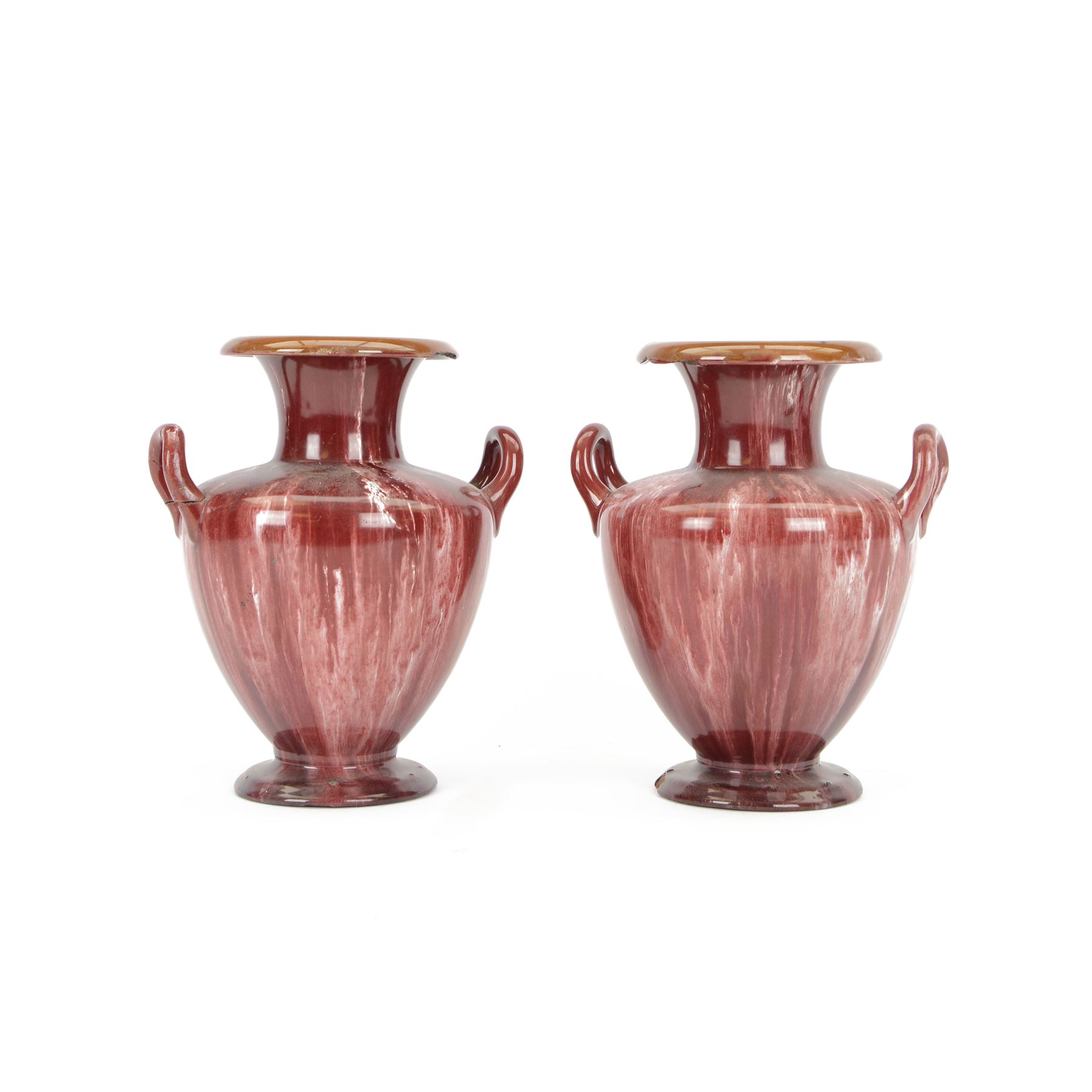 Linthorpe Pottery, pair of twin handled vases, with a purple glaze, H20cm