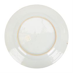 19th century Cantonese plate of octagonal form decorated to the centre with a garden of flowering peonies, together with two other 19th century plates and two serving platters each depicting temples in landscapes, octagonal plate W31cm  