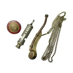 Bosun's whistle, together with Hull City Police whistle and brass and enamel badge detailed 'Special Constable Kingston Upon Hull 1914', (3)