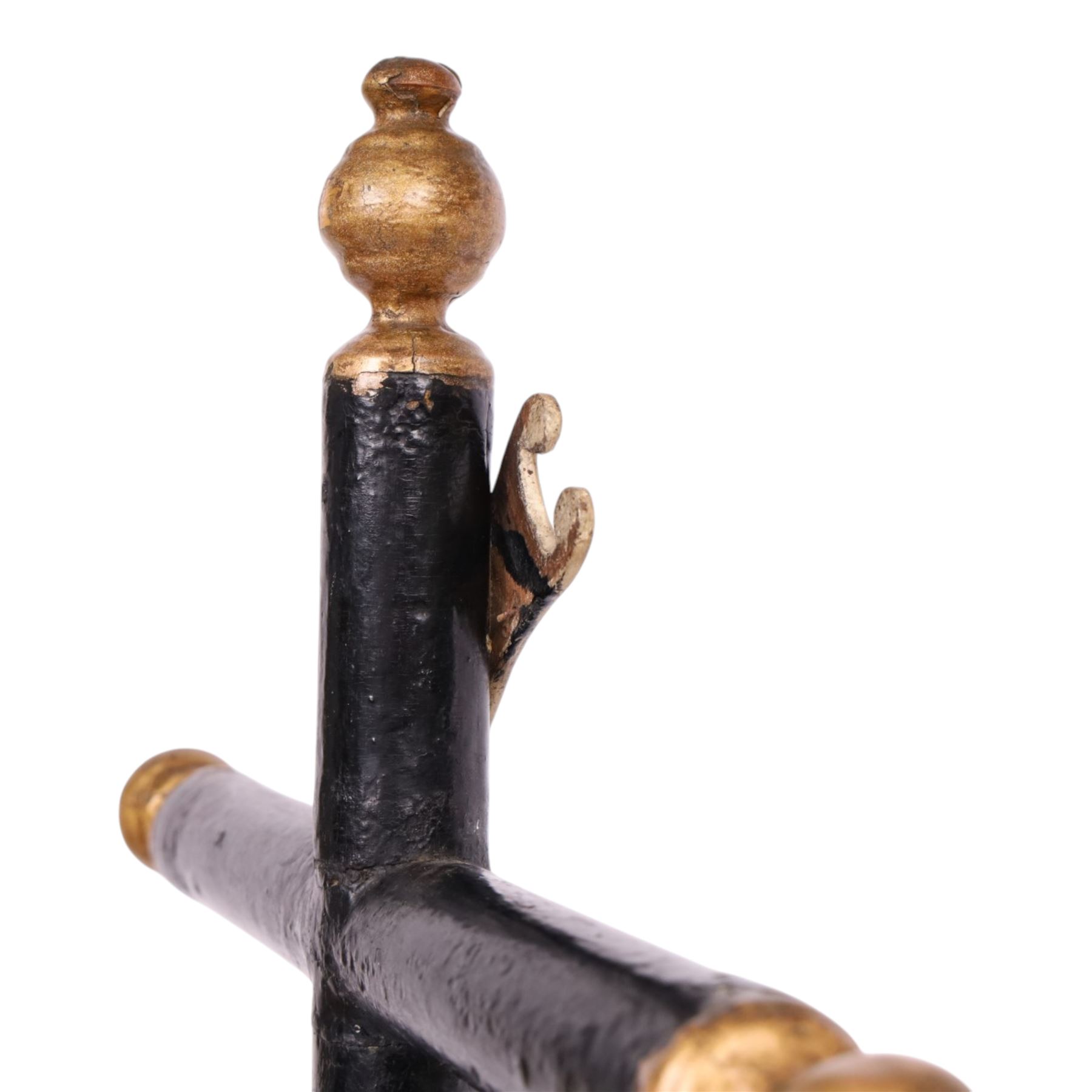 19th century black lacquered crucifix, with gilt detail upon a stepped base, H88cm   