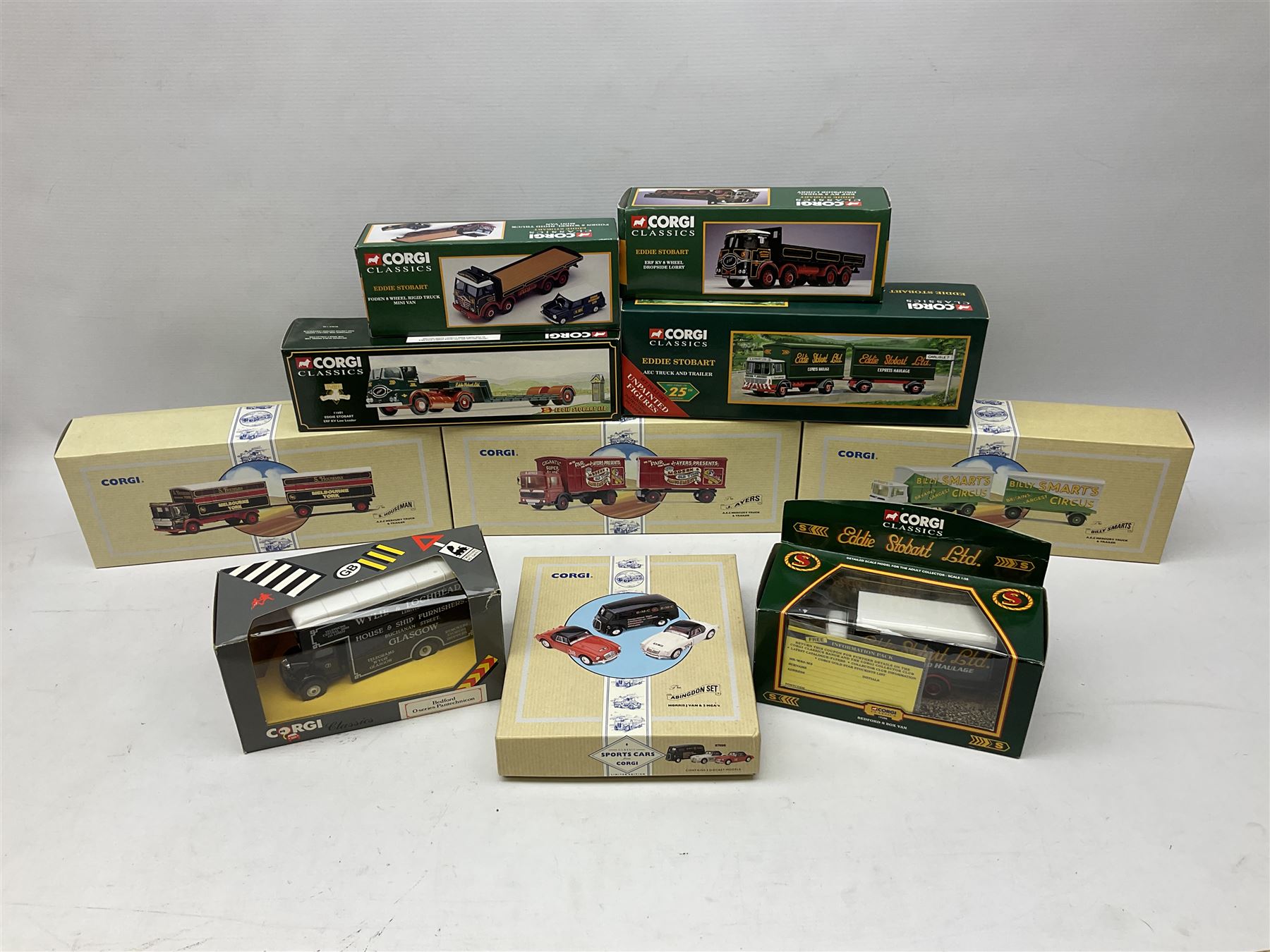 Corgi - three limited edition Classic Commercials nos.97891, 97892 and 97893; Classic Sports Cars no.97695; five various Eddie Stobart vehicles nos.11601, 97369, 11001, 31701 and 19306; and Classics Bedford O Series Pantechnicon; all boxed (10)