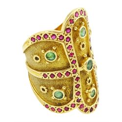 18ct gold emerald and ruby panel ring, stamped 750