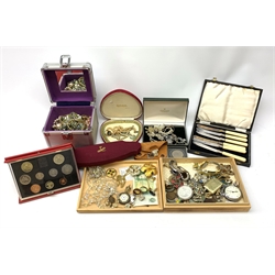  Early 20th century Swiss silver ladies pocket watch stamped 935, silver necklaces,  'Thanks Badge' and ring, all stamped, Elizabeth II proof coin set 1989 and a collection of costume costume jewellery   
