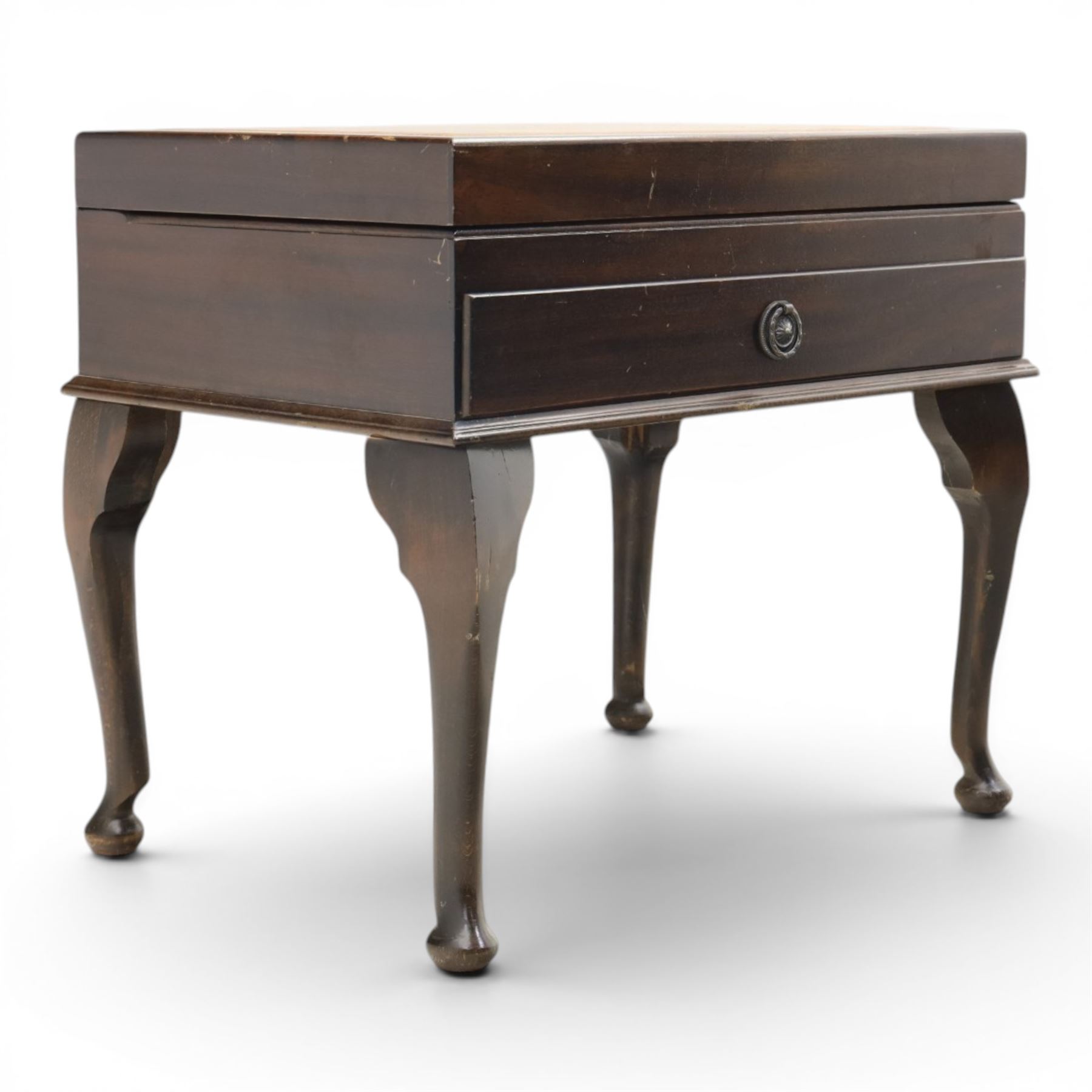 20th century mahogany canteen table, rectangular hinged top inset with gilt tooled leather writing surface, opening to fitted interior containing silver plated cutlery, with lower fitted drawer, on cabriole supports with pad feet