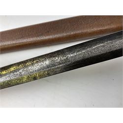 Victorian artillery officer's sword, the 90cm fullered steel blade by E. Thurkle Denmark Street Soho London decorated with Victoria cypher, Regimental crest and 'Royal Artillery', three-bar hilt with stepped pommel and wire-bound fish skin grip; in leather covered scabbard L107cm overall