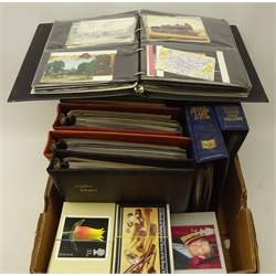  Collection of Stamps in albums and loose including various British and Isle of Man FDCs, many with special cancels, miniature sheets, PHQ cards, empty albums etc, in one box  