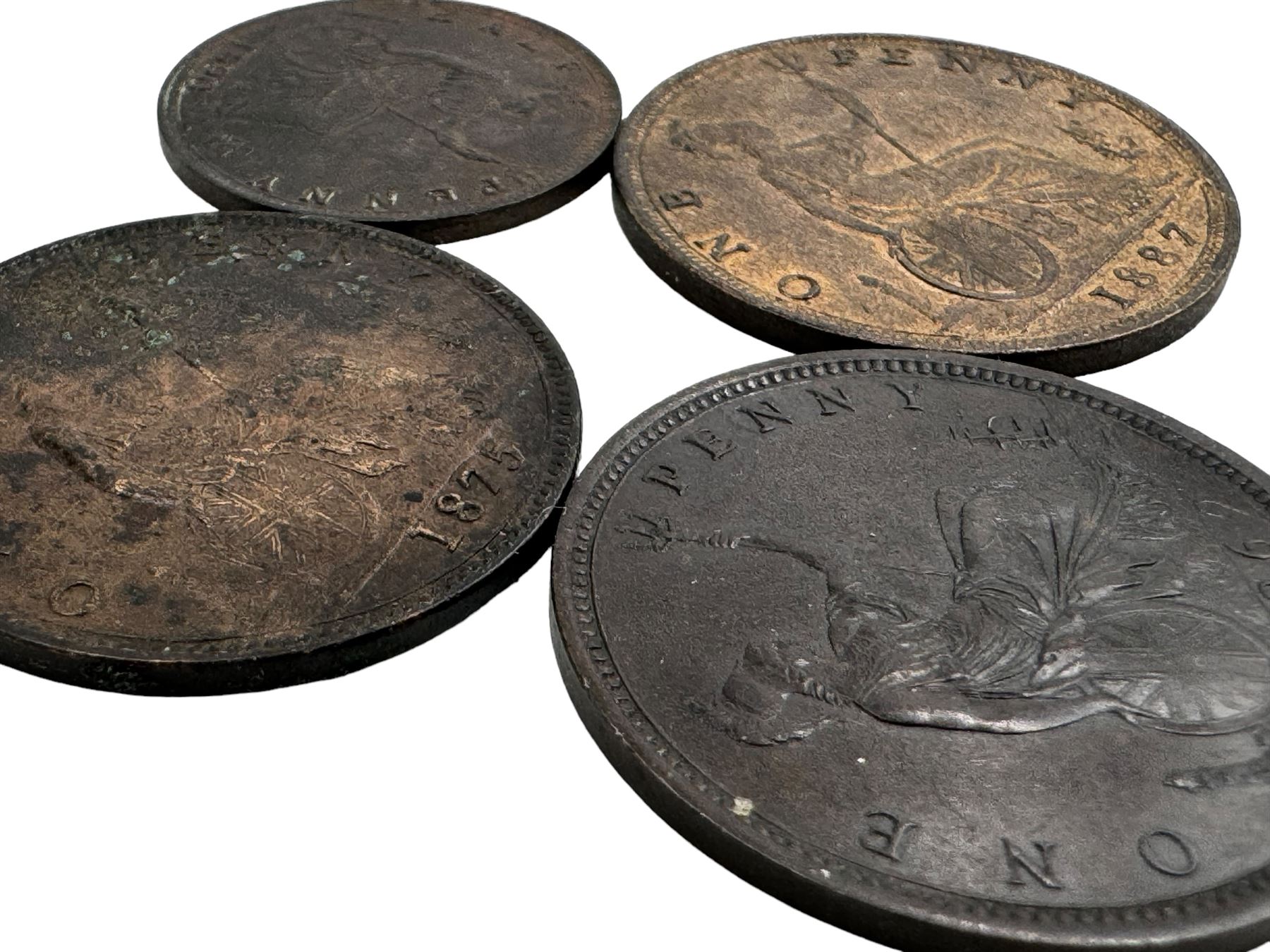 Three Queen Victoria bun head pennies, dated 1862, 1875, 1887 and 1890 halfpenny