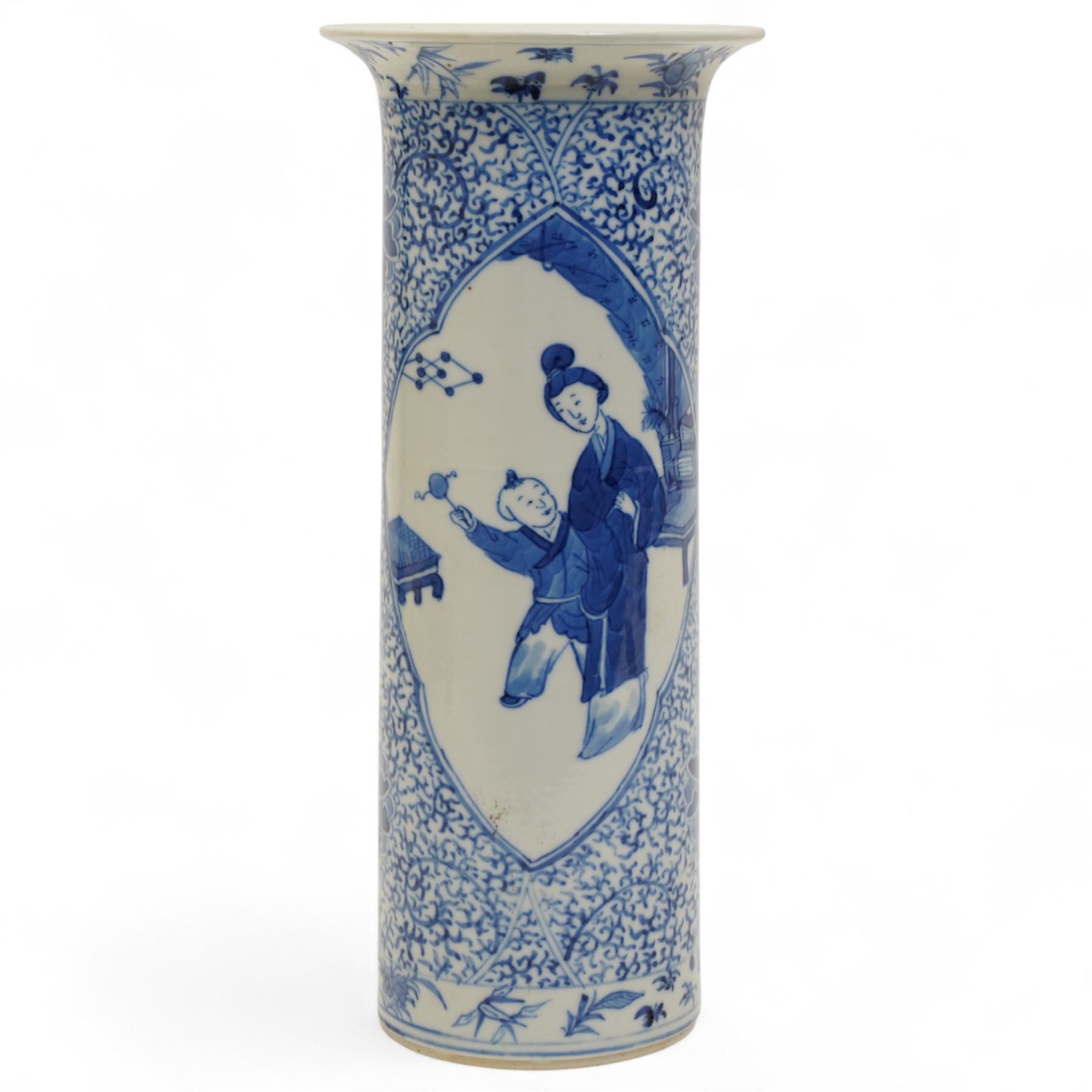 19th century Chinese sleeve vase decorated in blue and white with panels of mother and child within a floral and scroll surround, four character Kangxi mark H27cm