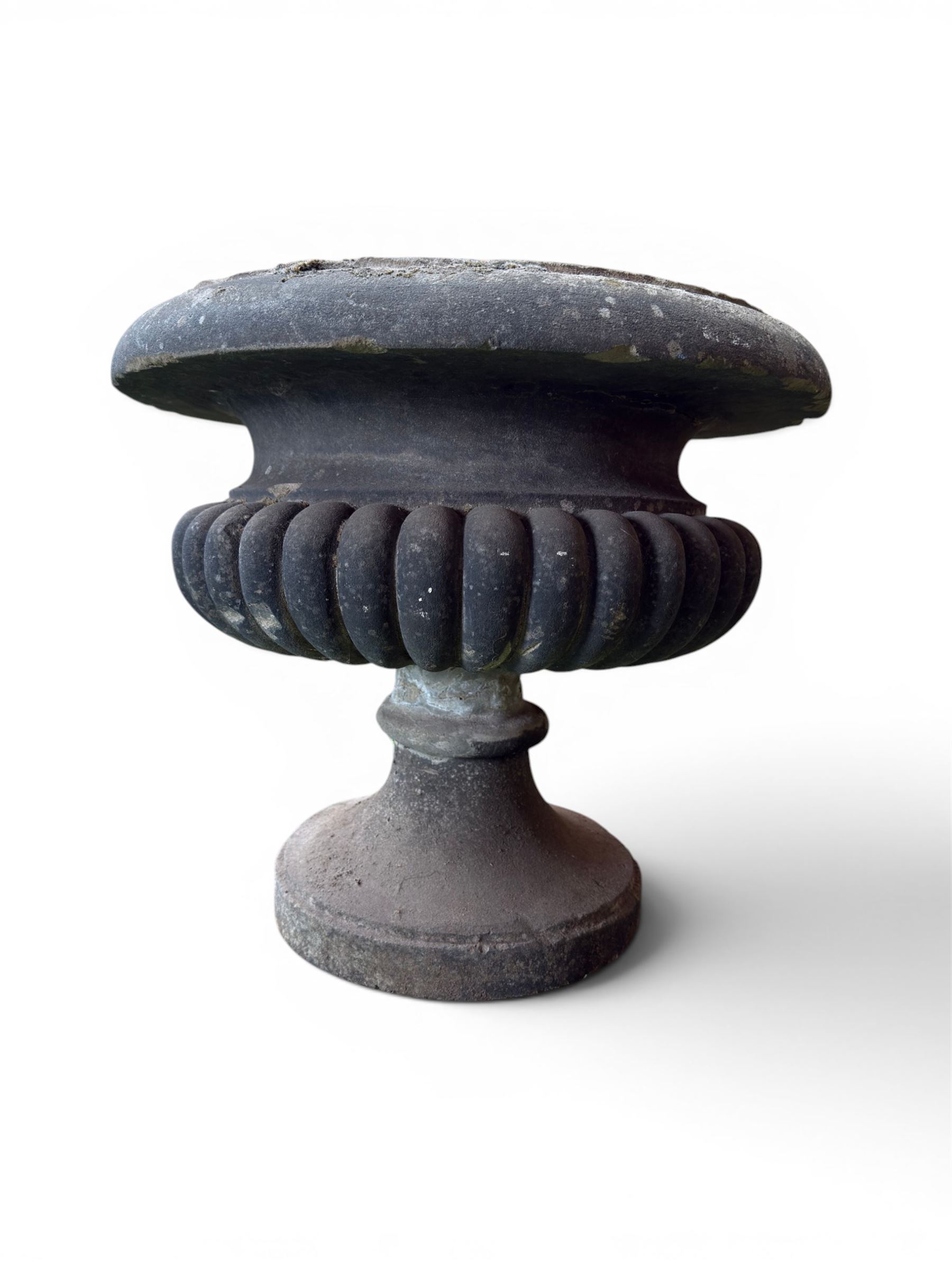 Carved sandstone garden urn, gadrooned campana form