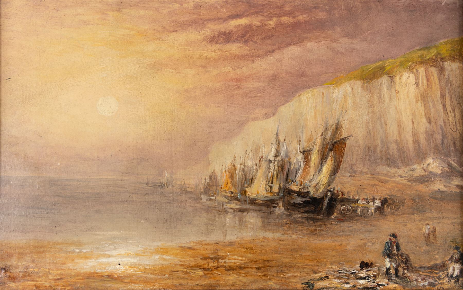 Manner of William Edward Webb (British 1862-1903): Headland and Bay at Sunset - Possibly Flamborough Head, oil on board, indistinct remains of signature l.l. 19cm x 30cm