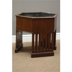  Arts & Crafts mahogany and satinwood inlaid hexagonal planter, with metal liner, D65cm, H54cm  